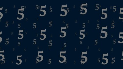 Poster - Number five symbols float horizontally from left to right. Parallax fly effect. Floating symbols are located randomly. Seamless looped 4k animation on dark blue background