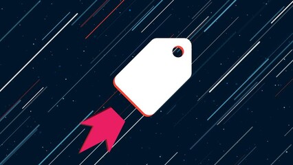 Poster - Discount label symbol flies through the universe on a jet propulsion. The symbol in the center is shaking due to high speed. Seamless looped 4k animation on dark blue background with stars