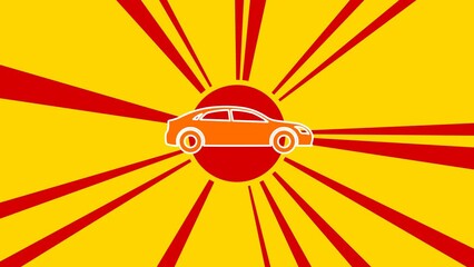 Poster - Car symbol on the background of animation from moving rays of the sun. Large orange symbol increases slightly. Seamless looped 4k animation on yellow background