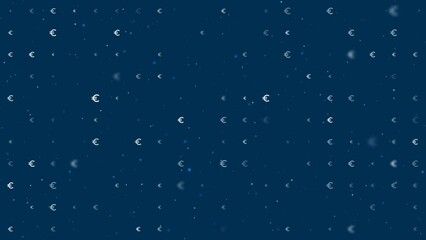 Poster - Template animation of evenly spaced euro symbols of different sizes and opacity. Animation of transparency and size. Seamless looped 4k animation on dark blue background with stars
