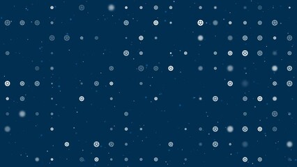 Poster - Template animation of evenly spaced car wheel symbols of different sizes and opacity. Animation of transparency and size. Seamless looped 4k animation on dark blue background with stars