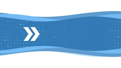 Poster - Animation of blue banner waves movement with white double arrow symbol on the left. On the background there are small white shapes. Seamless looped 4k animation on chroma key background