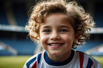 Wall Mural - Portrait of a boy on the background of a football stadium. happy little boy in the sports arena. Child fan