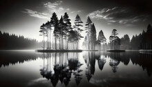 Serene Landscape In Black And White, Featuring A Reflective Lake With Tree Silhouettes And A Sky With Gentle Clouds