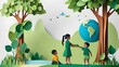 Happy Earth Day,  design world environment and earth day paper cut and craft concept.Landscape,World environment and earth day concept with boy and girl plant a tree,paper cut , paper collage style 