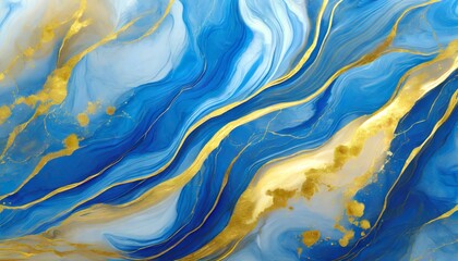 Wall Mural - abstract marble marbled ink painted painting texture luxury background banner blue waves swirls gold painted splashes generative ai