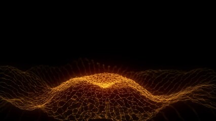 Wall Mural - Abstract orange music sound wave with dots and lines. Dark cyberspace with moving particles. Futuristic circle wave with digital database. Big data analytics. 3d rendering.