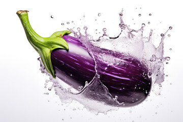 Wall Mural - Water splashes of eggplant on a white background.