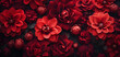 A close-up of beautiful red flowers blooming in flowerbeds against a dark, moody floral background, creating a photorealistic effect,
