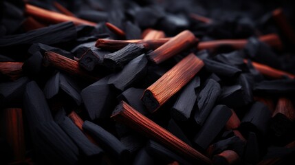 Wall Mural - A pile of wood and charcoal on a black background, AI