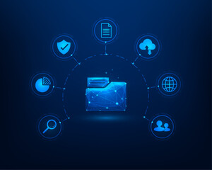 paper document data online digital technology on blue background. upload and download database. folder technology sarety.