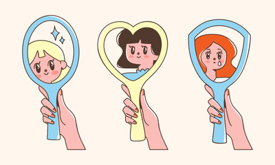 Wall Mural - Cute girls looking at their reflections in mirrors. Vector illustration of self love and acceptance concept. Set of female hands holding mirrors. Hand drawn elements.