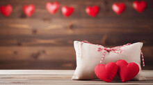 Valentine's Card Mockup With Sewn Pillow Hearts On Rustic Wooden Bank, Traditional Tirol Atmosphere. Copy Space For Banner. Copy Space For Banner. Beautiful Background Design For A Valentine’s Card, G