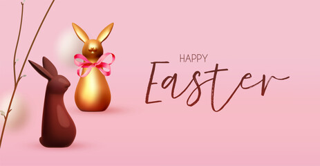 Wall Mural - Happy Easter! Holiday background with cute bunny, spring branches and colorful eggs. Easter rabbit and eggs on pink background.