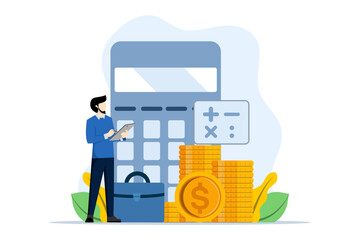 Wall Mural - concept of financial management, financial administration, businessman calculating budget, optimization, financial accounting, tasks, vector illustration in flat design for UI, banner, mobile app.