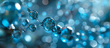 Fototapeta  - blue molecule atoms structures on blue liquid serum background. Molecular water drop DNA Model Structure
