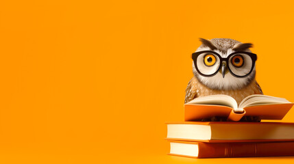 Wall Mural - An owl with glasses reads a book on an orange background, copyspace, space for text