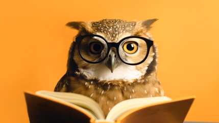 Wall Mural - An owl with glasses reads a book on an orange background, copyspace, space for text