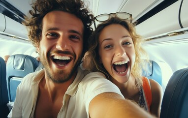 tourists taking selfie on plane, world travel concept, couple in love, husband and wife go on a trip. Happy tourist taking selfie inside airplane - Cheerful family couple on rout to a summer vacation 