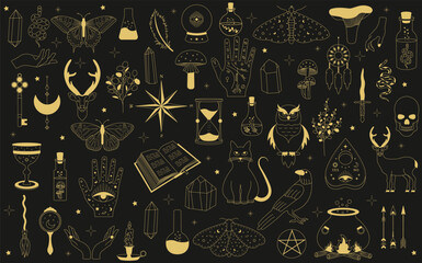 Witchy magic set. Set of witchcraft items. Collection of witchy magic and esoteric equipment. Vector illustration of mythical elements.