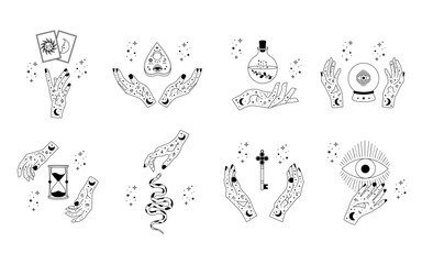 Celestial mystical moon and hands. Set of magic hands with celestial mystical esoteric symbols. Vector illustration.