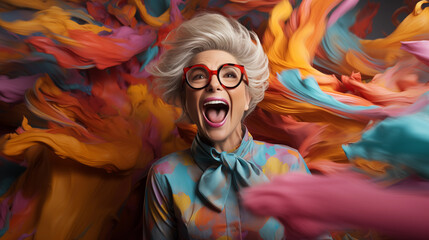 Cheerful elderly woman in bright colored blouse and red glasses against a background of flying abstract multi-colored