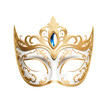 A white and gold Venetian masquerade carnival opera mask on a transparent background PNG file