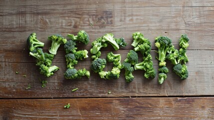 Wall Mural - The word 'vegan' is made out of broccoli on a wooden table, AI