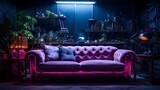 Fototapeta  - The concept of the future in interior design, furniture in neon lighting of the room relaxation room for employees of an IT company, relaxation area in a club Leather sofa in a room in cyberpunk style