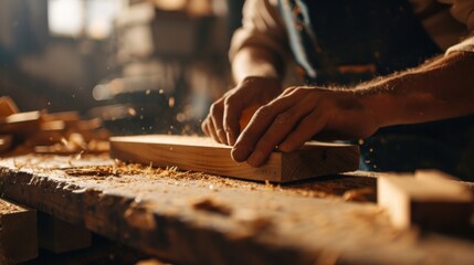 man owner a small furniture business is preparing wood for production. carpenter male is adjust wood to the desired size. architect, designer, Built-in, professional wood, craftsman, workshop.