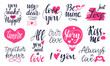 © MicroOne - Love lettering quotes with hearts. Decorative romantic phrases for prints, cards and invitation design. Abstract valentines day neoteric vector set