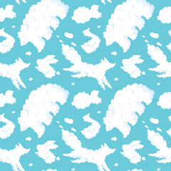 Cute fluffy clouds similar to animals. Kids seamless pattern. Childish dreams and imagination. White bear and rabbit. Cloudy mammals. Fox and bird. Blue sky. Garish vector background