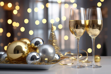 Two glasses of champagne and christmas party ornament in gold and silver colors on white table, with beautiful light bokeh, Christmas and new year background.