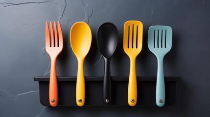 Wall Mural - A group of colorful spoons and forks are lined up on a black holder, AI