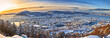 Amazing panoramic view of Bergen from Floyen in winter at sunrise, Norway