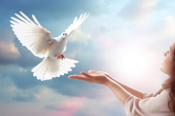 Wall Mural - A white pigeon flies in the sky and human hand. Dove of peace. AI generative