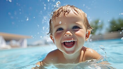 Wall Mural - Happy baby playing in swimming pool during summer vacation 