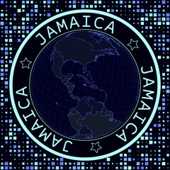 Poster - Jamaica on globe vector. Futuristic satelite view of the world centered to Jamaica. Geographical illustration with shape of country and squares background. Bright neon colors on dark background.