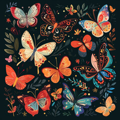 Wall Mural - a variety of colorful butterflies on a dark background