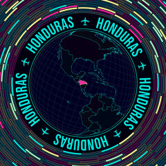 Fototapete - Honduras on globe. Satellite view of the world centered on Honduras. Bright neon style. Futuristic radial bricks background. Superb vector illustration.