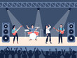 Rock concert. Young singer and musicians on scene. Public entertainment, man woman play guitar and drums. Modern music band recent vector scene