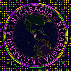 Poster - Futuristic Nicaragua on globe. Bright neon satellite view of the world centered on Nicaragua. Geographical illustration with shape of country and geometric background. Appealing vector illustration.