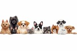 Fototapeta Zwierzęta - Group of dogs standing next to each other on white background.