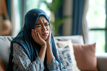 Young Muslim woman has a toothache interior living room background