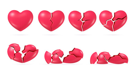 3d cracked hearts. Beautiful whole heart broken on crack pieces, pain love red symbol wedding couple breakup relationship, lonely half heartbreak set nowaday vector illustration