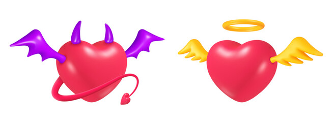 Wall Mural - angel devil hearts. 3d heart with demon or god elements, evil good concept bad love horns tail wings