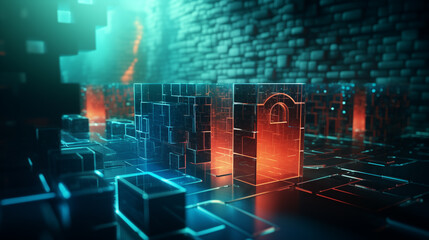 Wall Mural - A 3D image of a secure, fortified firewall protecting a network, 3d security, blurred background, with copy space