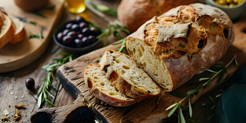 Artisan Olive Bread Loaf on Wooden Board with Rosemary