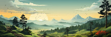 Wide Panoramic Landscape Illustration Scenery Drawing With Morning Sunrise With Colorful Cool Bluish Effect And Clouds Awith Bright Sky Through Foggy Greeny Mountain Range