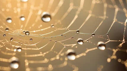 a delicate spider web adorned with dew drops, illuminated by a soft golden light, creating an ethereal and intricate visual.